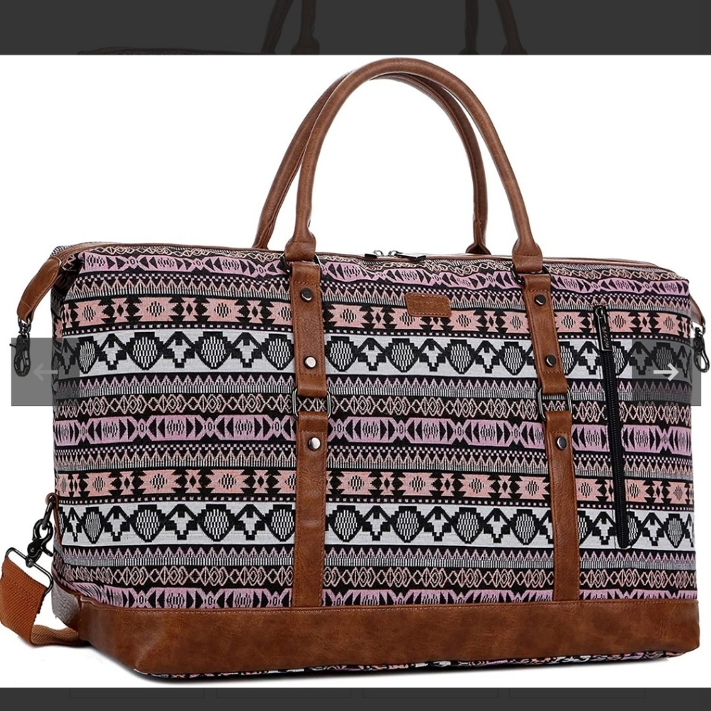BAOSHA NWT PU Leather Canvas Overnight Weekend Bag Travel Duffel Tote Boho Aztec
